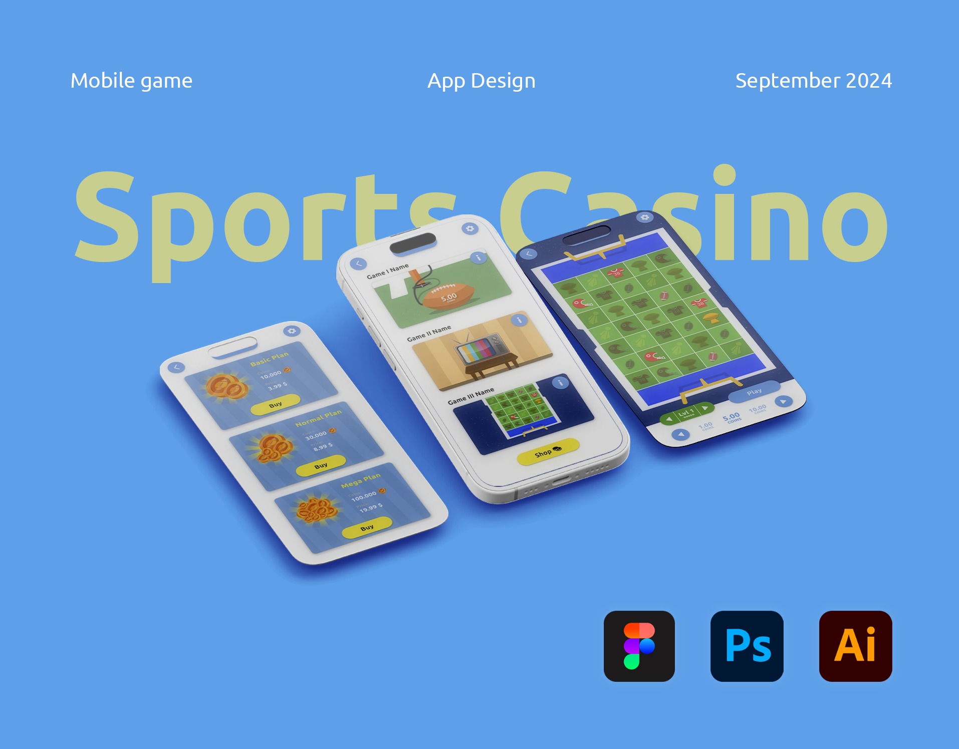 Mockup interfejsu aplikacji mobilnej z motywem sportowego kasyna, prezentujący ekrany z różnymi grami i opcjami zakupu wirtualnej waluty, stworzony w programach Figma, Photoshop i Illustrator.
