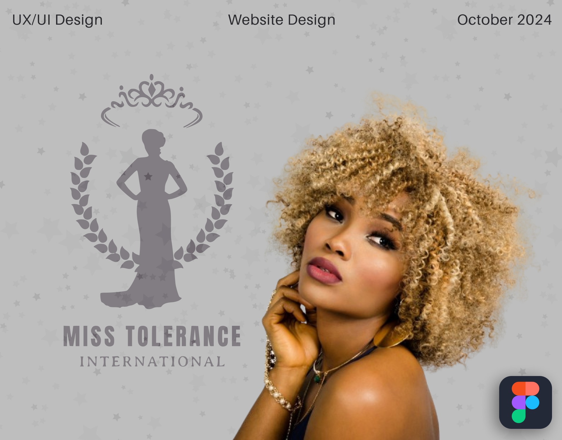Projekt strony internetowej Miss Tolerance z modelką i logo. Grafika z datą 'October 2024' i oznaczeniem narzędzia Figma w prawym dolnym rogu.