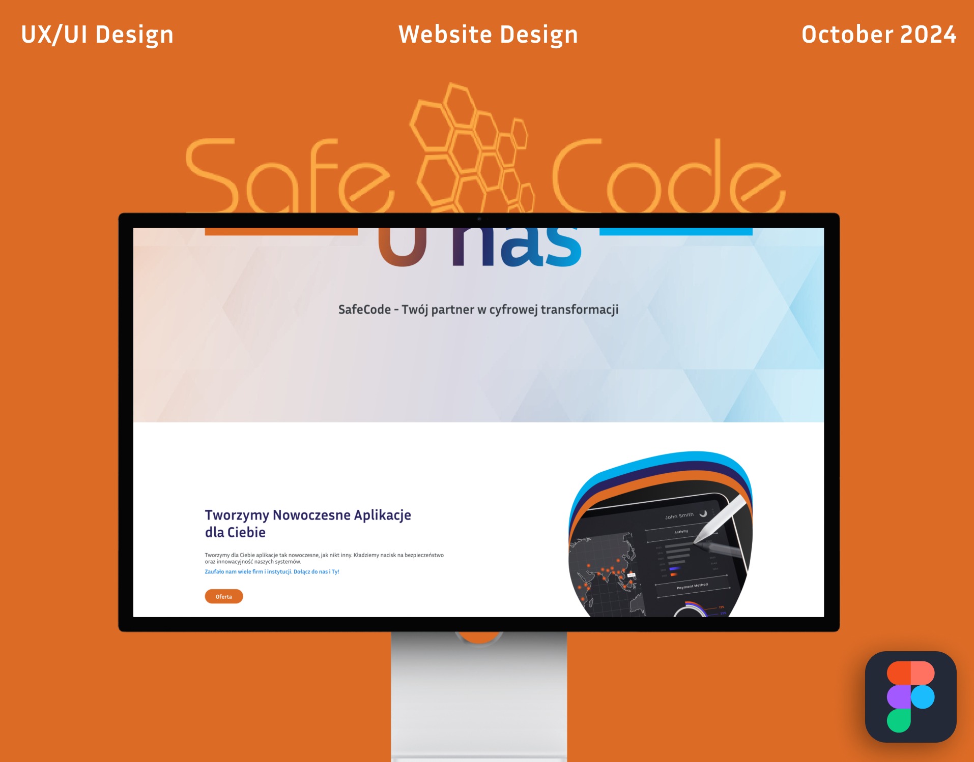 Ekran monitora prezentujący projekt strony internetowej Safe Code z nowoczesnym designem UX/UI, z widocznym logo firmy i hasłem 'Twój partner w cyfrowej transformacji'.