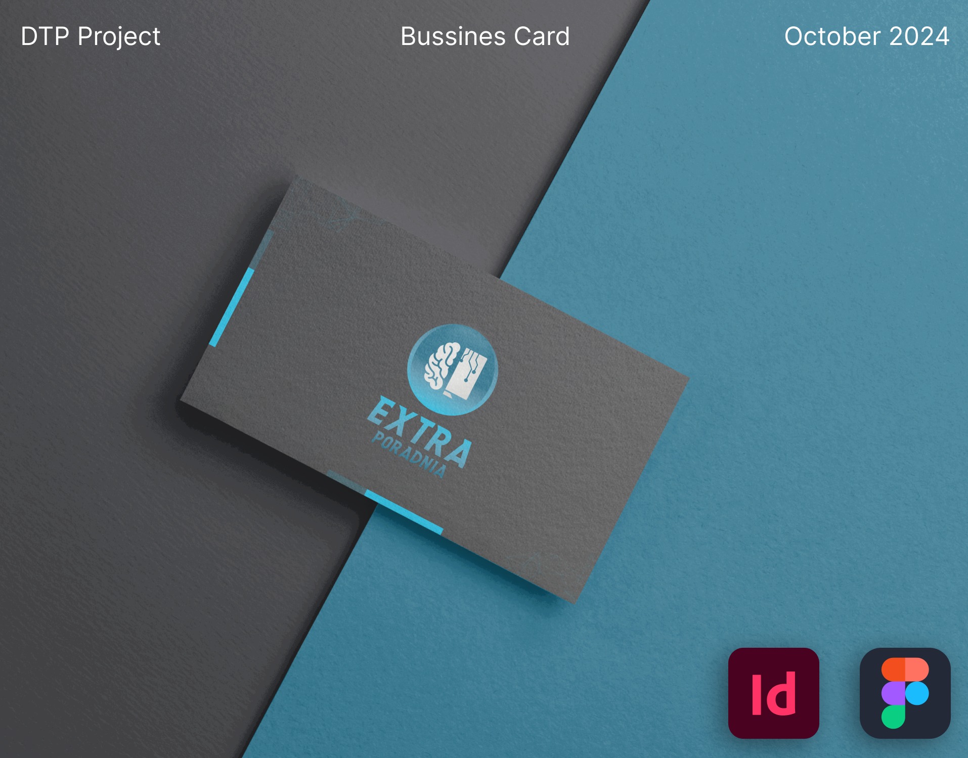 Kreatywna wizytówka 'Extra Poradnia' na dwukolorowym tle z ikonami programów graficznych. Minimalistyczny design, turkusowe akcenty, nowoczesny wygląd.