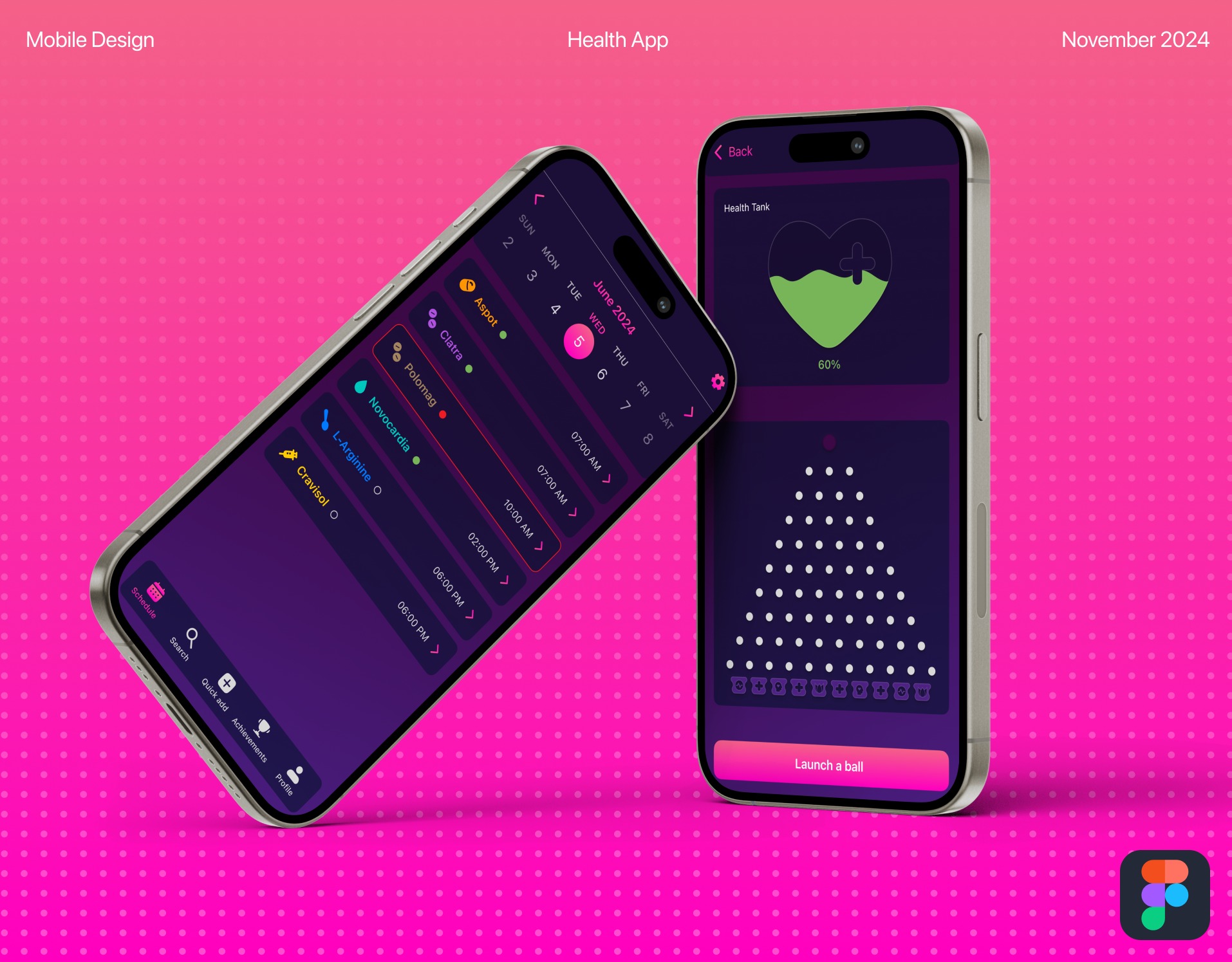 Dwa smartfony z interfejsem aplikacji mobilnej do monitorowania zdrowia, z kalendarzem i wykresem stanu zdrowia na fioletowo-różowym tle.