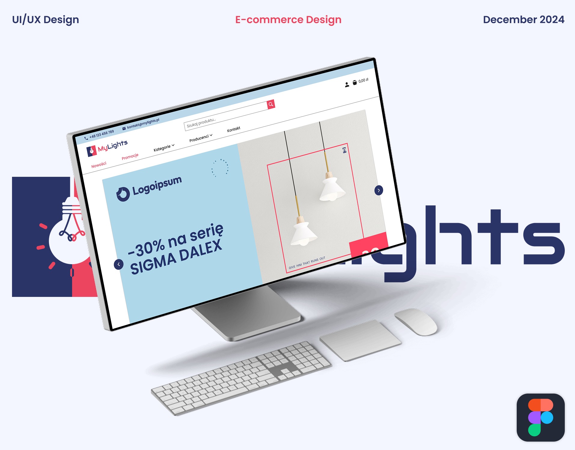 E-commerce design na ekranie monitora z klawiaturą i myszką. Widoczny interfejs sklepu internetowego z oświetleniem, logo i promocją. UI/UX Design w grudniu 2024.