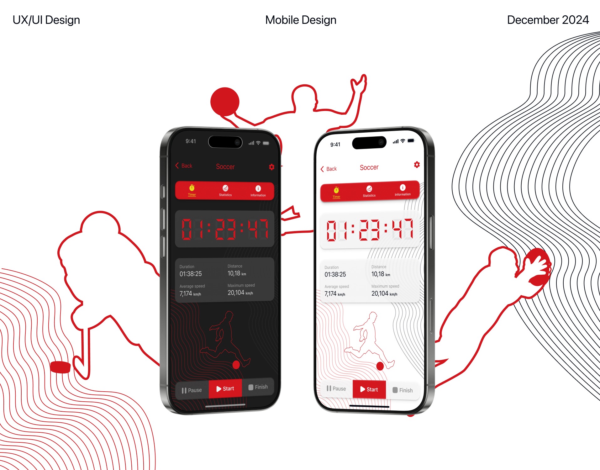 Dwa smartfony prezentują interfejs aplikacji sportowej z motywem piłki nożnej, w trybie dziennym i nocnym, na tle minimalistycznej grafiki.