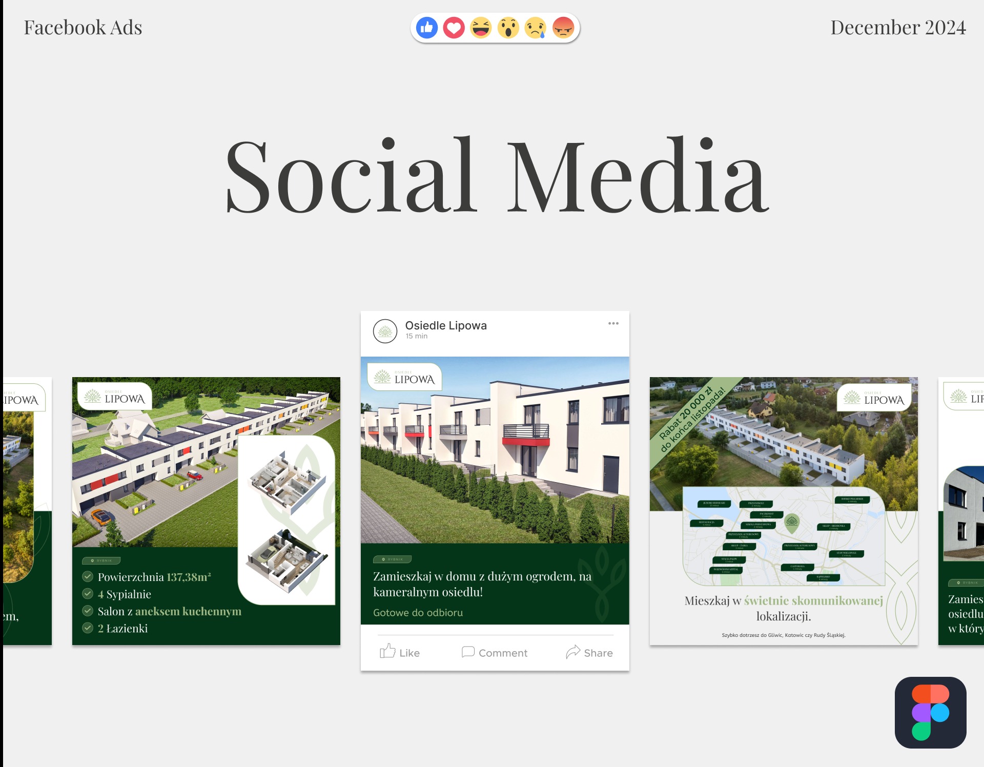 Reklama osiedla Lipowa na Facebooku: wizualizacje domów, plany mieszkań, informacje o powierzchni i lokalizacji. Grafika w stylu social media, grudzień 2024.