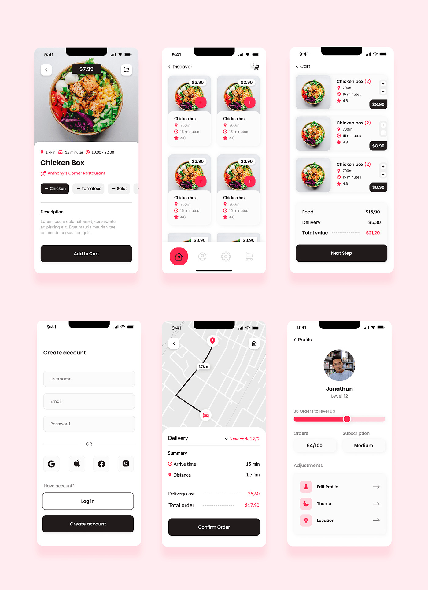Seria zrzutów ekranu aplikacji mobilnej do zamawiania jedzenia, prezentująca menu, koszyk, mapę dostawy i profil użytkownika.