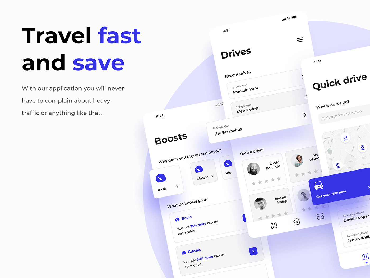 Mockup interfejsu aplikacji mobilnej do zamawiania przejazdów, prezentujący ekrany: 'Drives' z historią przejazdów, 'Boosts' z opcjami przyspieszenia zdobywania doświadczenia oraz 'Quick drive'...
