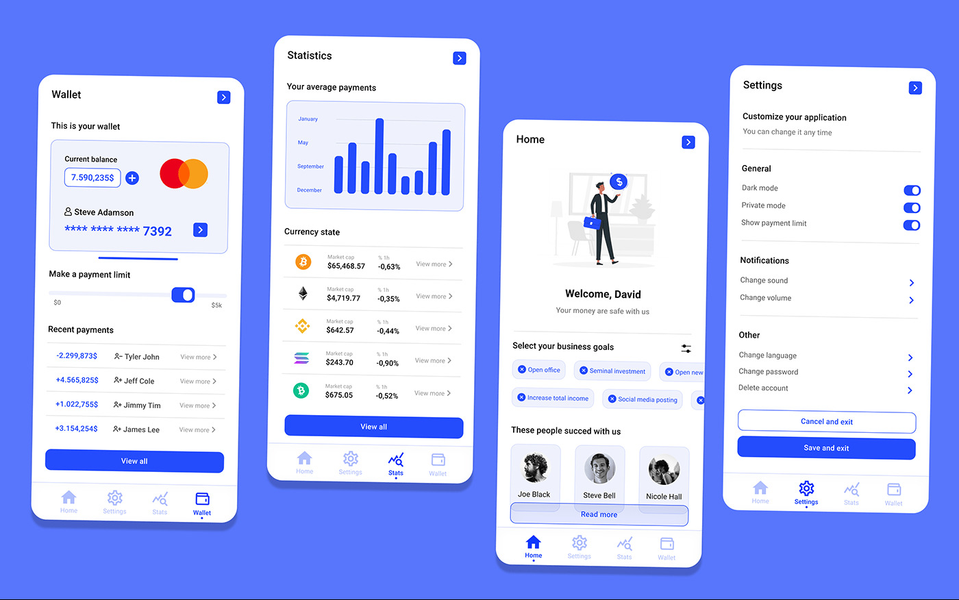 Interfejs aplikacji mobilnej do zarządzania finansami, prezentujący ekran portfela z saldem, historią transakcji, statystyki płatności, opcje ustawień i personalizacji, a także cele biznesowe...