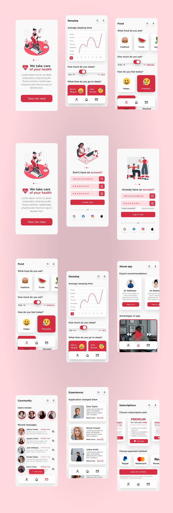 Projekt interfejsu aplikacji mobilnej z różnymi ekranami: logowanie, rejestracja, śledzenie snu, odżywiania, rekomendacje ekspertów, społeczność, subskrypcje i ustawienia konta.