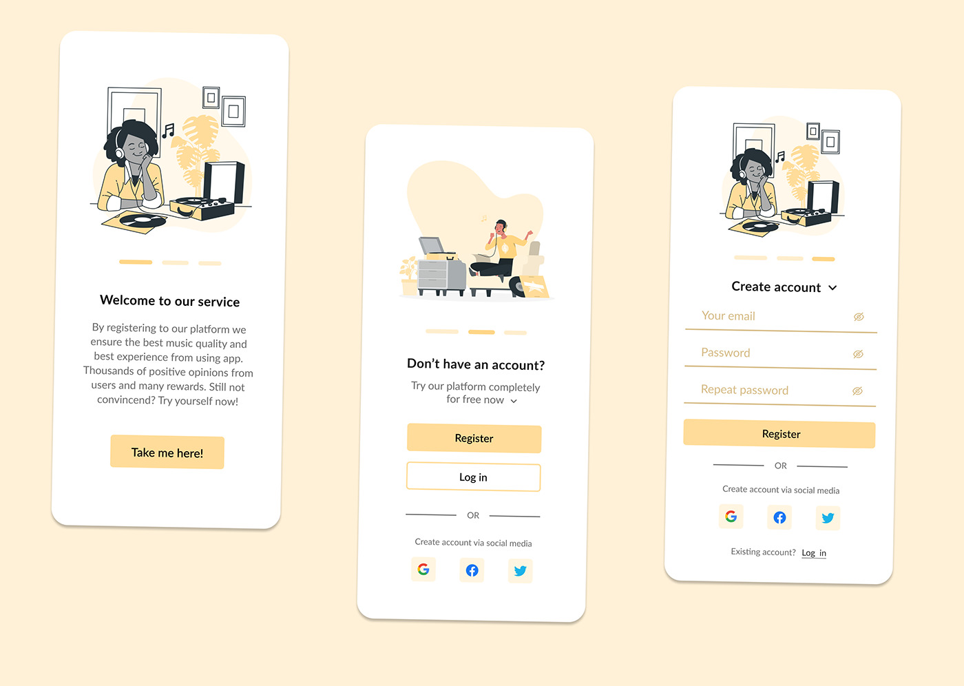 Projekt strony internetowej aplikacji muzycznej z trzema ekranami: powitalnym, rejestracji/logowania i tworzenia konta.