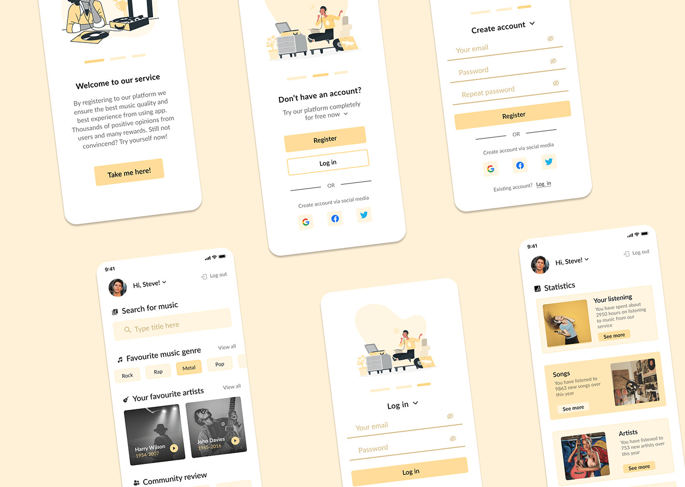 Zestawienie ekranów aplikacji mobilnej do słuchania muzyki z różnymi funkcjami: ekran powitalny, rejestracja/logowanie, wyszukiwanie, statystyki słuchania.