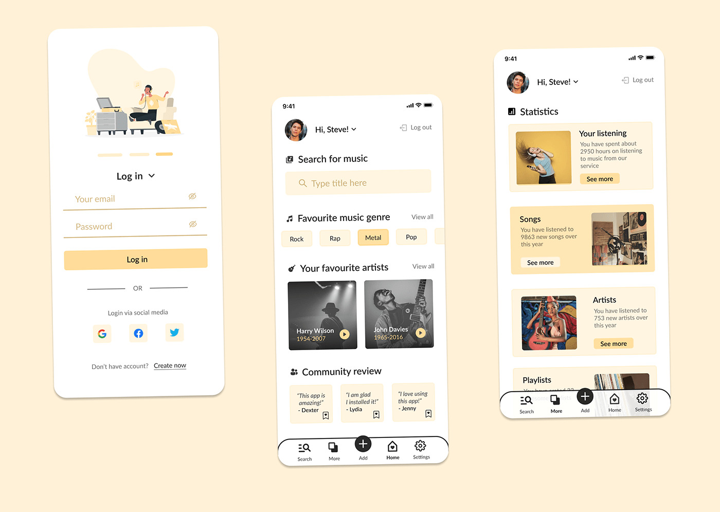 Interfejs aplikacji mobilnej do słuchania muzyki prezentowany przez firmę z Warszawy, z ekranami logowania, wyszukiwania, statystyk i recenzji użytkowników, utrzymany w jasnej kolorystyce.