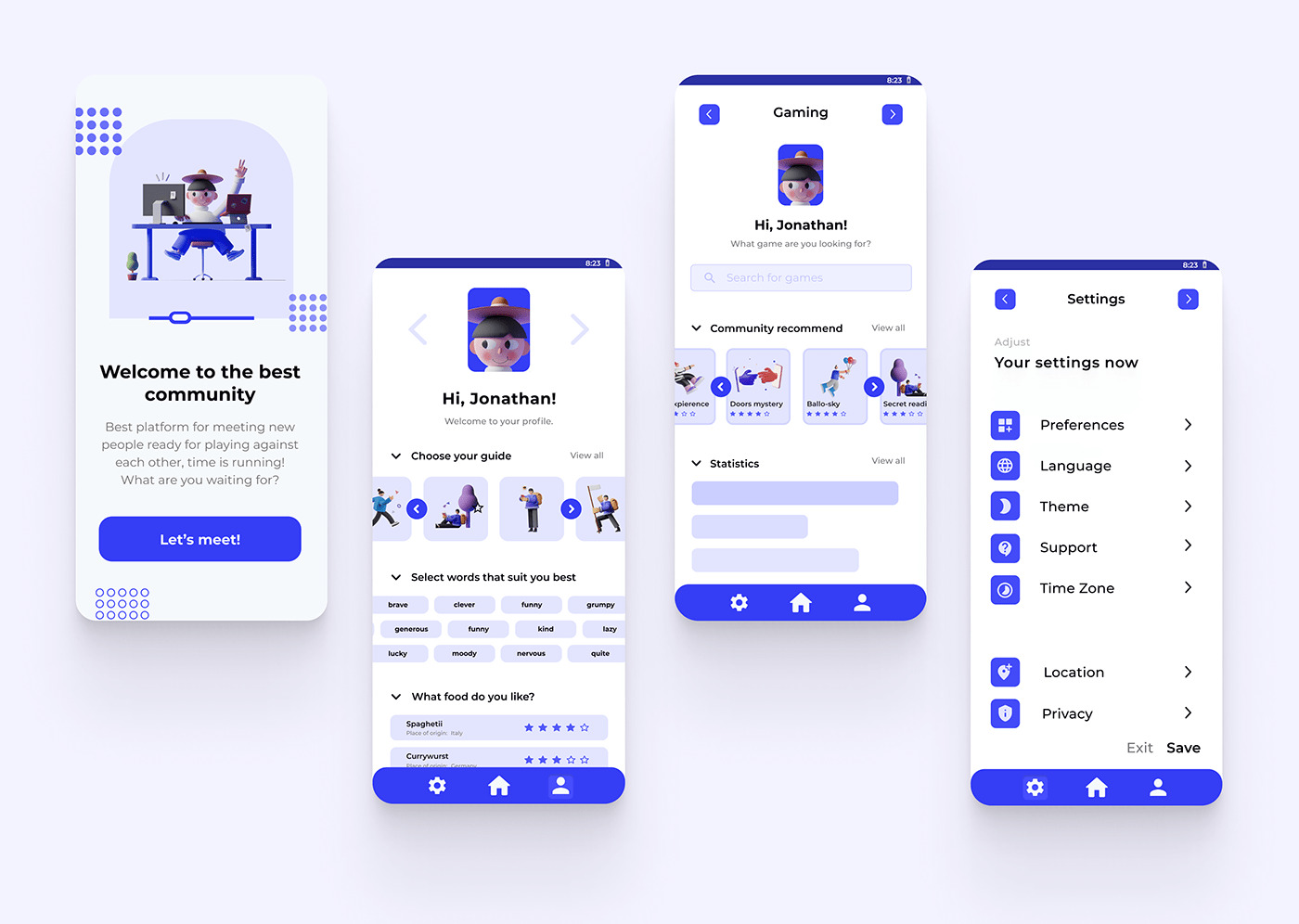 Ekran powitalny aplikacji mobilnej z ilustracją 3D postaci przy biurku, ekran profilu użytkownika z opcjami wyboru przewodnika i preferowanych słów, ekran wyszukiwania gier i ekran ustawień...