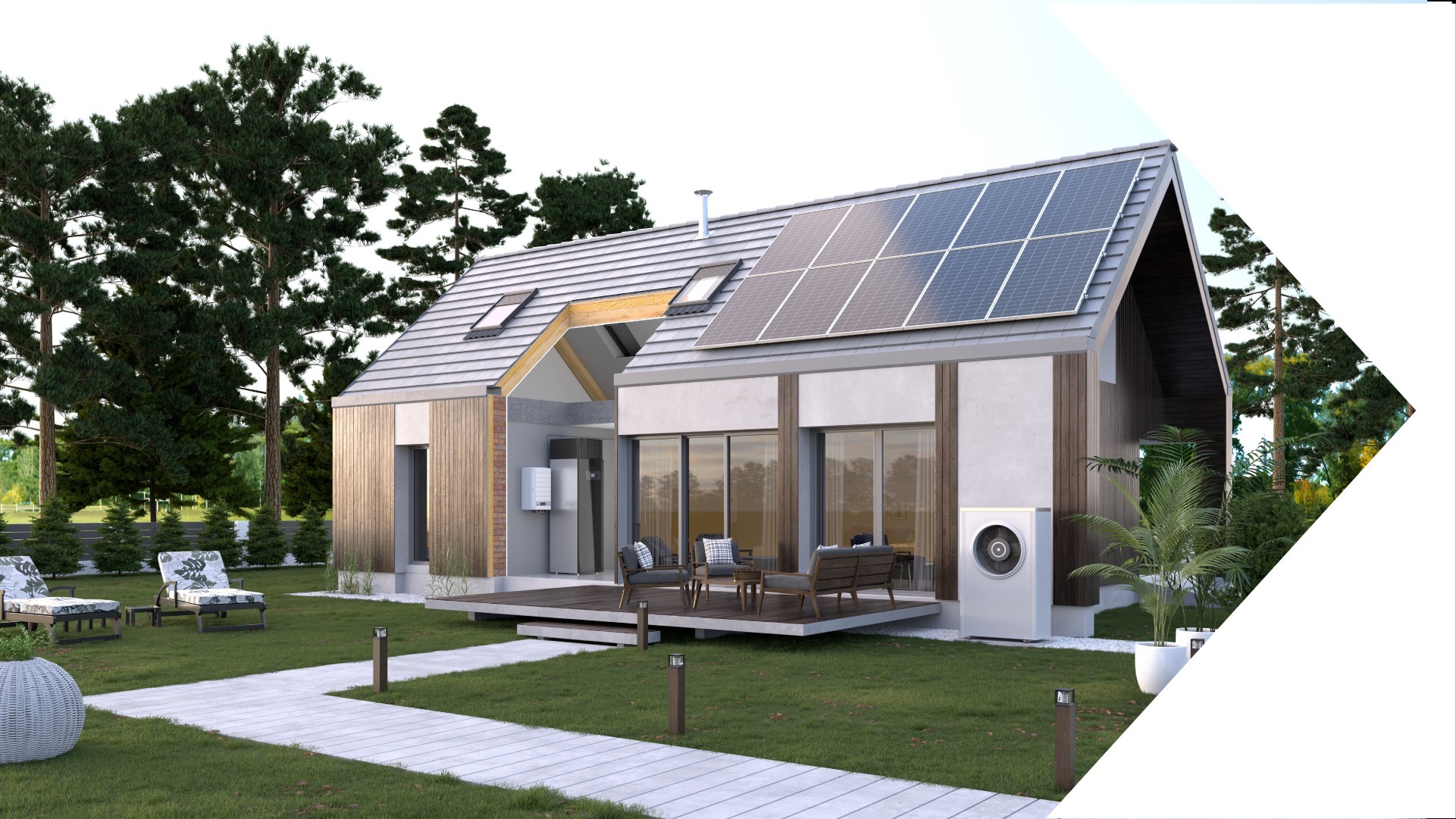 Nowoczesny dom jednorodzinny z panelami słonecznymi na dachu i pompą ciepła na zewnątrz, otoczony zadbanym ogrodem z drewnianym tarasem i meblami ogrodowymi.