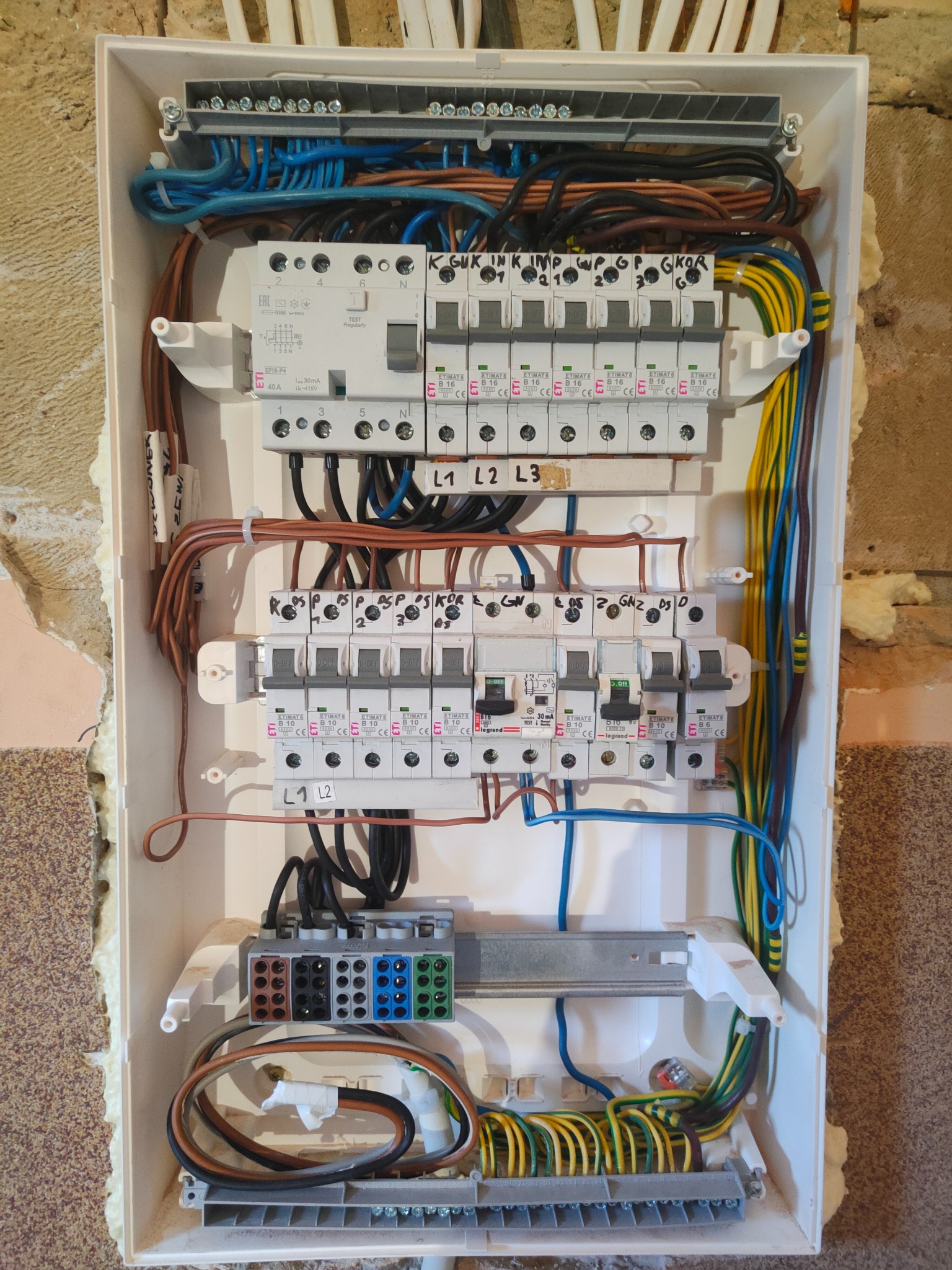 Otwarta skrzynka rozdzielcza z widocznymi bezpiecznikami, przewodami w różnych kolorach i listwami zaciskowymi, zamontowana w ścianie z surowym wykończeniem.