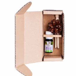 Otwarty kartonik z dyfuzorem zapachowym: buteleczka z zieloną etykietą 'Pani Szyszka Podróż 100% Naturalny', drewniane patyczki i szyszka na drewnianym stojaku.