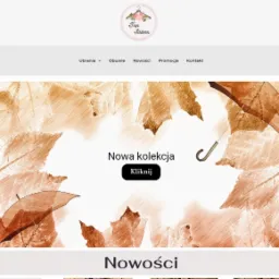 Strona internetowa sklepu odzieżowego Top Sisters z jesienną grafiką liści i hasłem 'Nowa kolekcja'