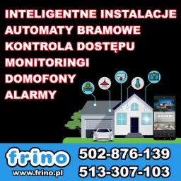 Grafika reklamowa firmy oferującej inteligentne instalacje, automatykę bramową, kontrolę dostępu, monitoring, domofony i alarmy, z ilustracją domu, samochodu i ikony przedstawiające różne systemy...