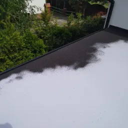 Biała, płaska powierzchnia dachu z czarną krawędzią i widocznymi drobinkami, z widokiem na zielone drzewa i budynek w tle.