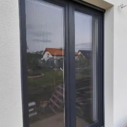 Szare okno dwuskrzydłowe z zamontowaną siatką przeciw owadom, widok z zewnątrz na ogród i domy w tle.