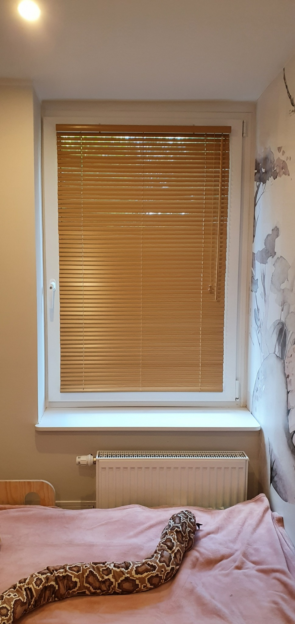 Jasne, poziome przesłony okienne w kolorze drewna, zamontowane w białej ramie okiennej, z widocznym fragmentem grzejnika i dekoracyjną naklejką na ścianie w tle, uzupełnione pluszowym wężem na łóżku.