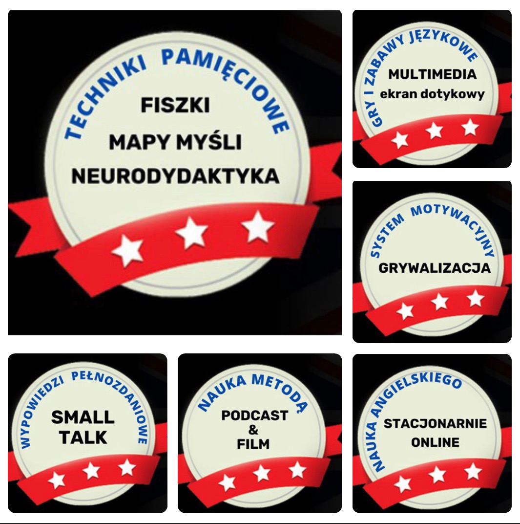 Zestaw sześciu okrągłych ikon z nazwami technik nauczania, w tym fiszki, mapy myśli, neurodydaktyka, grywalizacja, podcasty i small talk, ozdobione czerwonymi wstęgami z białymi gwiazdami.