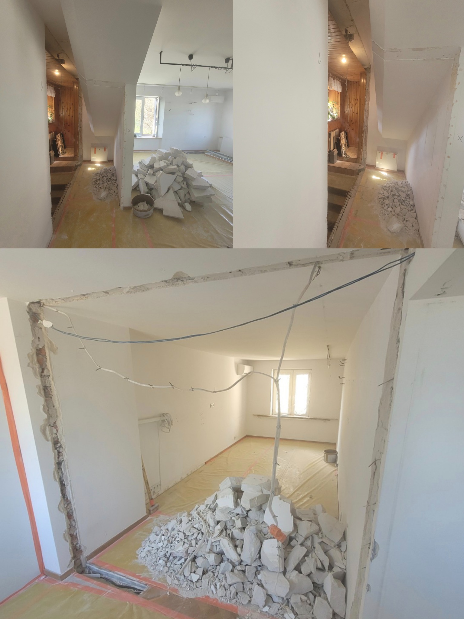 Fragment demontażu ściany działowej z widocznymi przewodami elektrycznymi. Gruz na podłodze zabezpieczonej folią. Ujęcie z perspektywy wnętrza w trakcie przebudowy.