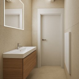 Obszary Studio - Nowoczesna łazienka z umywalką na szafce z drewnianym fornirem, podświetlanym lustrem i beżowymi płytkami. Minimalistyczny design z akcentem na naturalne materiały.