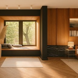 Obszary Studio - Stylowa sypialnia z drewnianą zabudową, oknem z siedziskiem i widokiem na zieleń. Ciepłe oświetlenie, minimalistyczny dywan i dekoracje tworzą przytulną atmosferę.