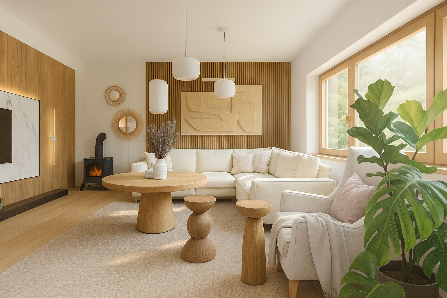 Jasne wnętrze salonu z drewnianymi akcentami: okrągły stolik, kominek, sofa narożna i fotel z rośliną. Minimalistyczny design z naturalnym światłem.