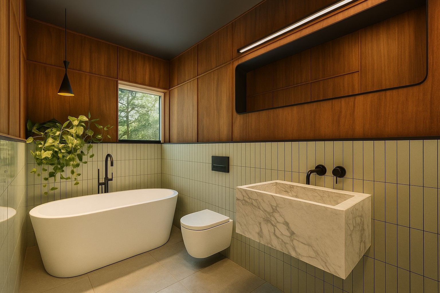 Nowoczesna łazienka z drewnianymi panelami, marmurową umywalką i wolnostojącą wanną. Minimalistyczny design z akcentami roślinnymi i czarną armaturą.