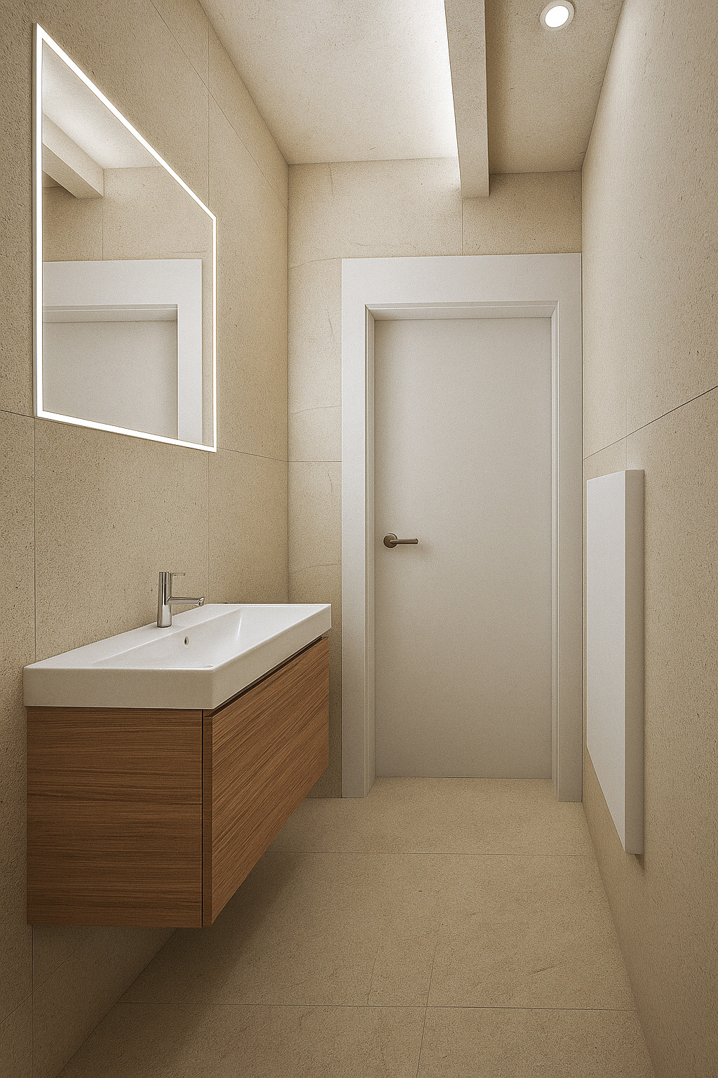 Nowoczesna łazienka z umywalką na szafce z drewnianym fornirem, podświetlanym lustrem i beżowymi płytkami. Minimalistyczny design z akcentem na naturalne materiały.