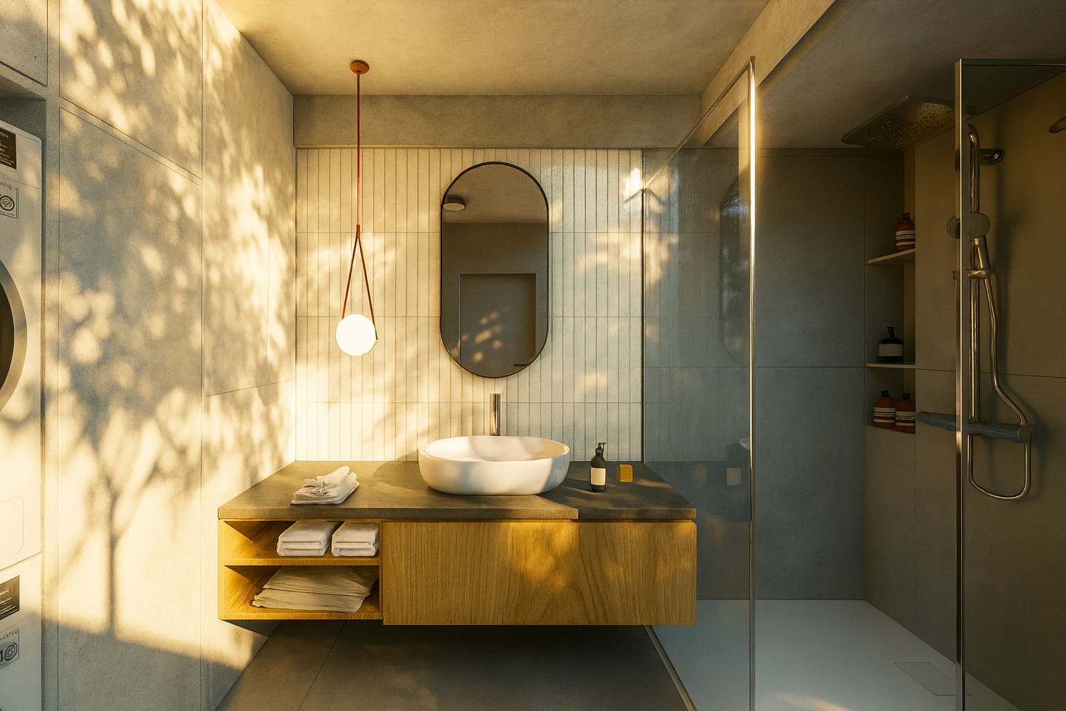 Nowoczesna łazienka z owalnym lustrem, wiszącą szafką z umywalką i kabiną prysznicową. Ściany w jasnych płytkach, oświetlenie punktowe, pralka z lewej strony.