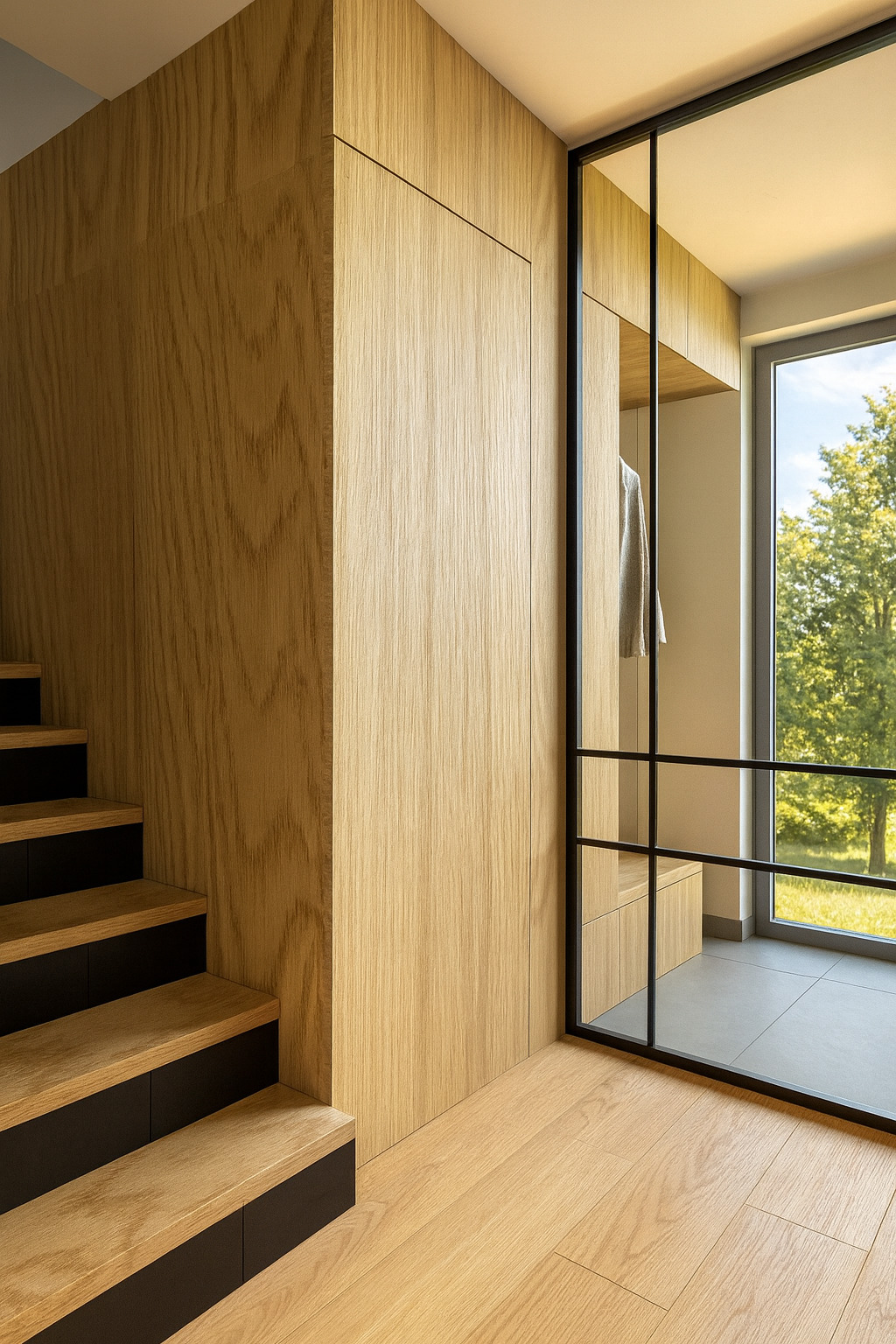 Nowoczesne wnętrze: drewniane schody z czarnymi akcentami, zabudowa szafy z jasnego drewna i przeszklona ściana z widokiem na zieleń. Minimalistyczny design.