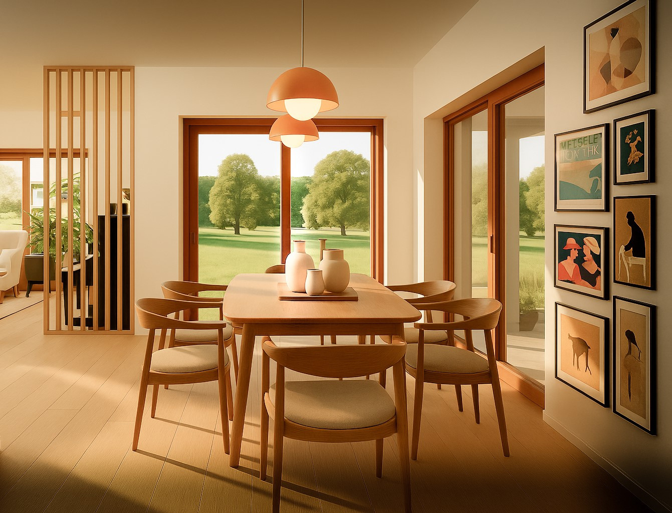 Jasna jadalnia z drewnianym stołem, krzesłami i widokiem na ogród przez duże okna. Na ścianie galeria obrazów w minimalistycznych ramach.