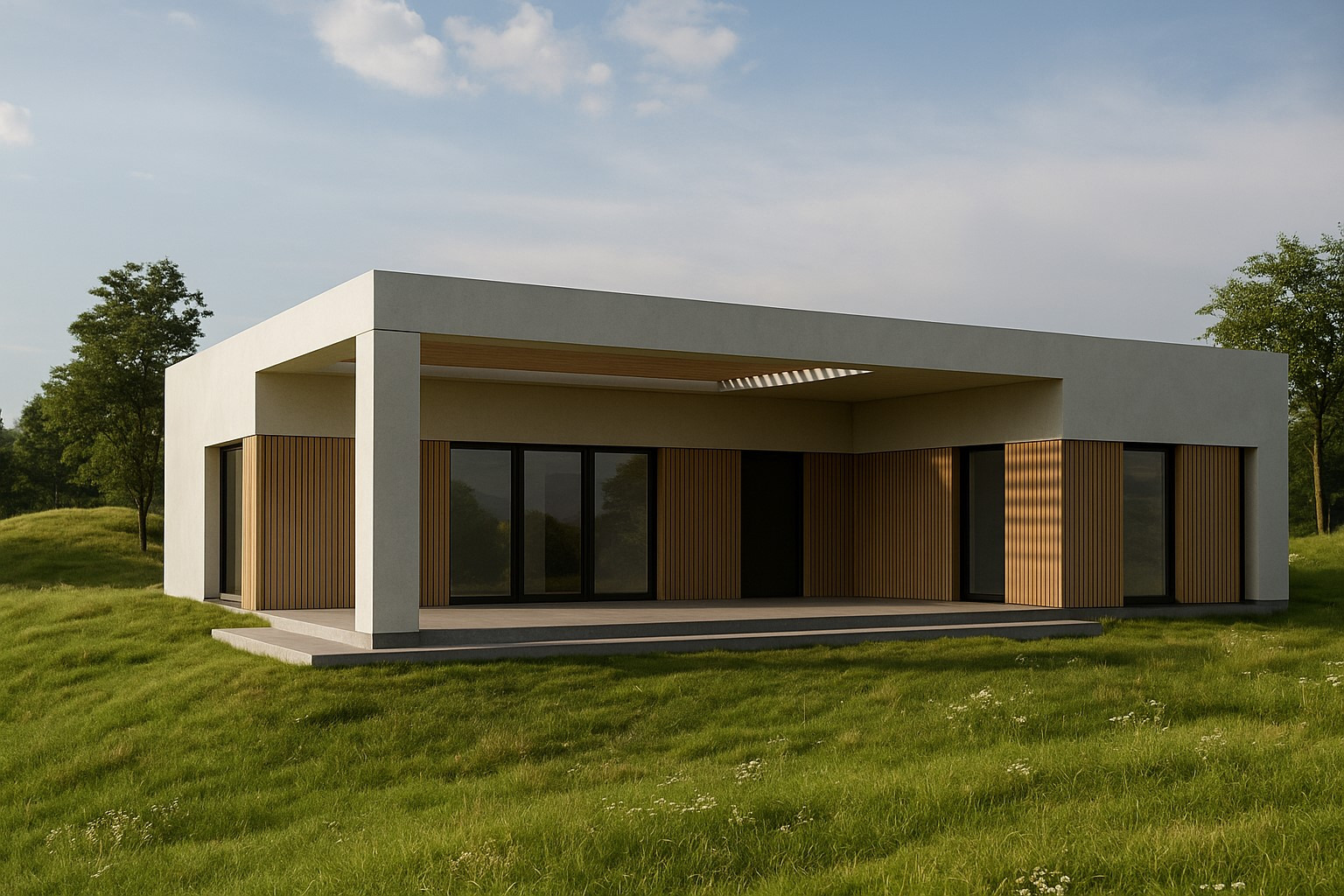 Nowoczesny, parterowy dom z płaskim dachem i drewnianą elewacją, otoczony zielonym trawnikiem. Minimalistyczny design, duże przeszklenia, naturalne światło.