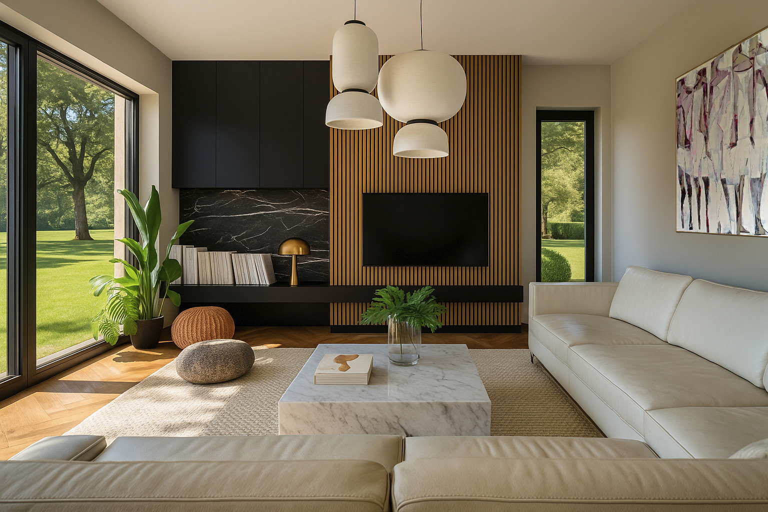 Salon z beżową sofą, marmurowym stolikiem i drewnianą ścianą z telewizorem. Duże okno z widokiem na zieleń. Nowoczesne lampy wiszące i minimalistyczny design.