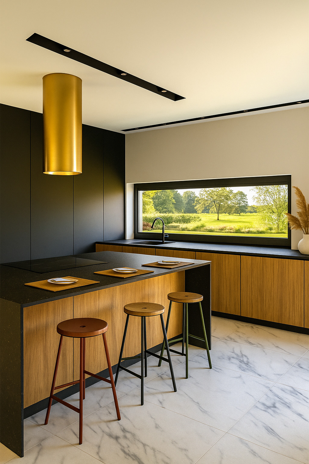 Nowoczesna kuchnia z wyspą, drewnianymi szafkami i złotym okapem cylindrycznym. Za oknem widok na zielony krajobraz. Marmurowa podłoga i minimalistyczne stołki barowe.