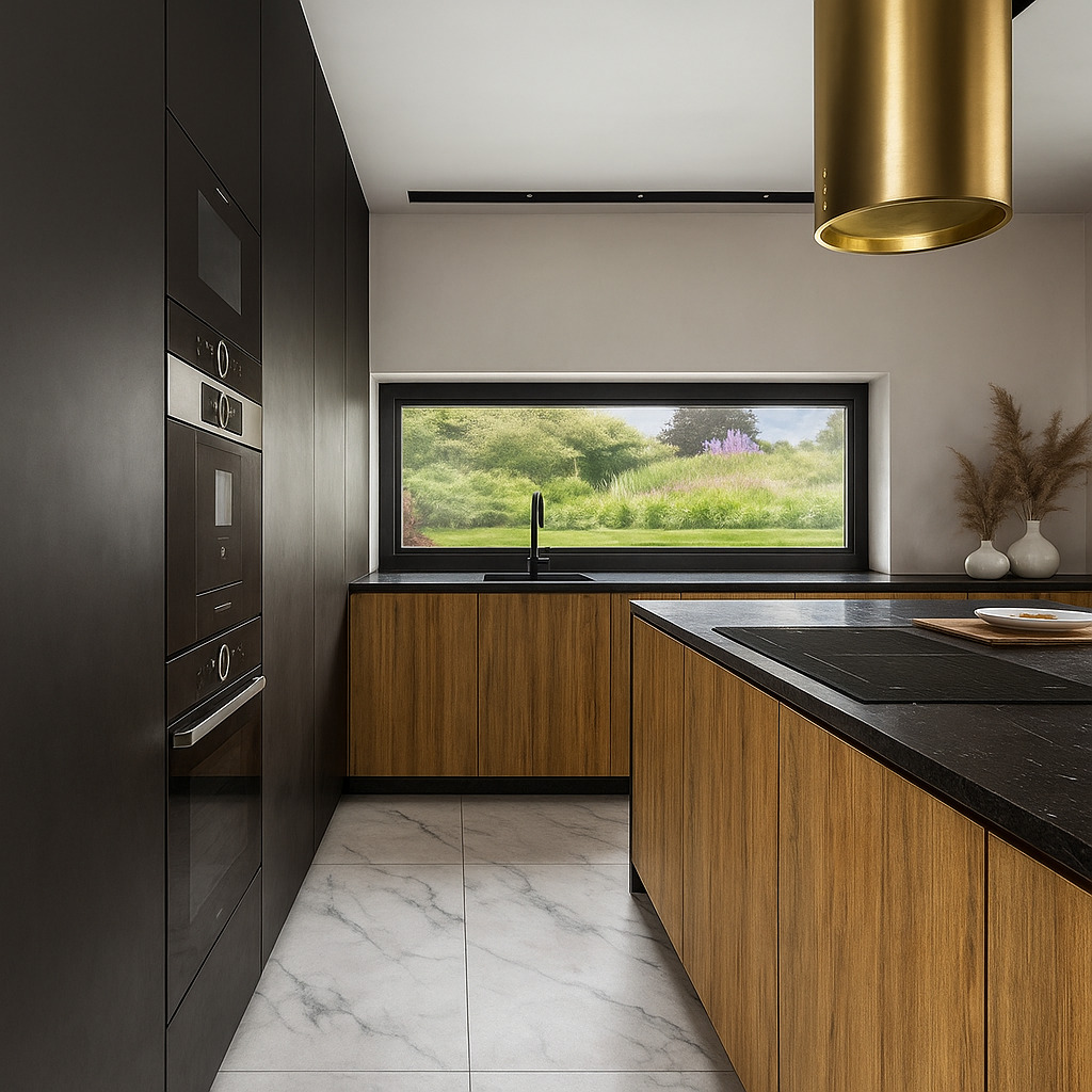 Nowoczesna kuchnia z drewnianymi frontami, czarnym blatem i oknem z widokiem na zieleń. Złota lampa sufitowa i marmurowe płytki podłogowe dodają elegancji.