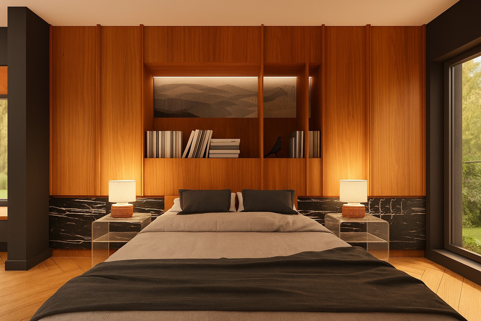 Nowoczesna sypialnia z drewnianą zabudową, marmurowym akcentem i przezroczystymi stolikami nocnymi. Widok na zieleń za oknem. Ciepłe oświetlenie.
