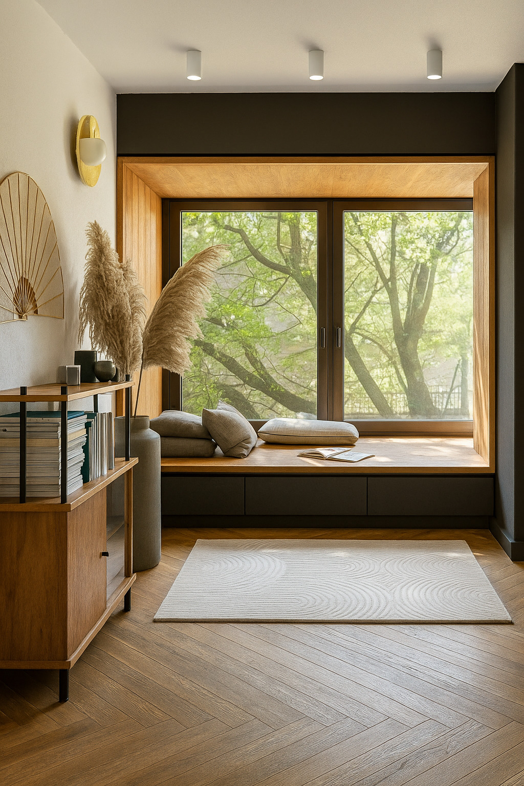 Stylowy pokój z drewnianą podłogą w jodełkę, oknem z siedziskiem i widokiem na zieleń. Na parapecie poduszki i książka. Na ścianie dekoracyjny wachlarz.