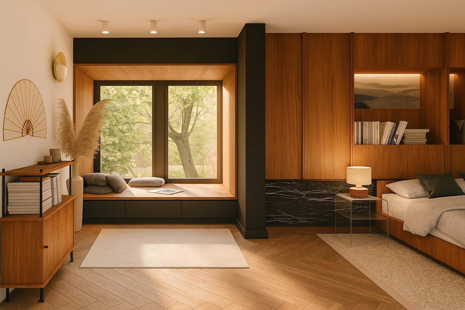 Stylowa sypialnia z drewnianą zabudową, oknem z siedziskiem i widokiem na zieleń. Ciepłe oświetlenie, minimalistyczny dywan i dekoracje tworzą przytulną atmosferę.