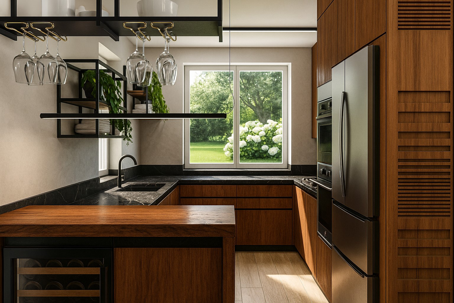 Nowoczesna kuchnia z drewnianymi szafkami, czarnym blatem i widokiem na ogród przez okno. Na blacie stoją kieliszki do wina, a pod nim znajduje się chłodziarka do wina.