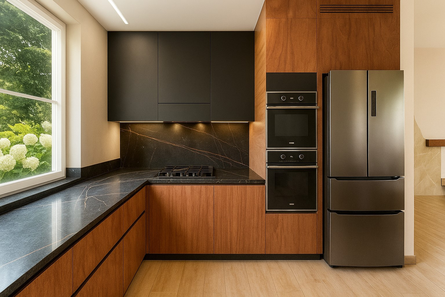 Nowoczesna kuchnia z drewnianymi i czarnymi szafkami, blatem z ciemnego marmuru z żyłami, wbudowanym piekarnikiem i dużą lodówką. Widok na ogród przez okno.
