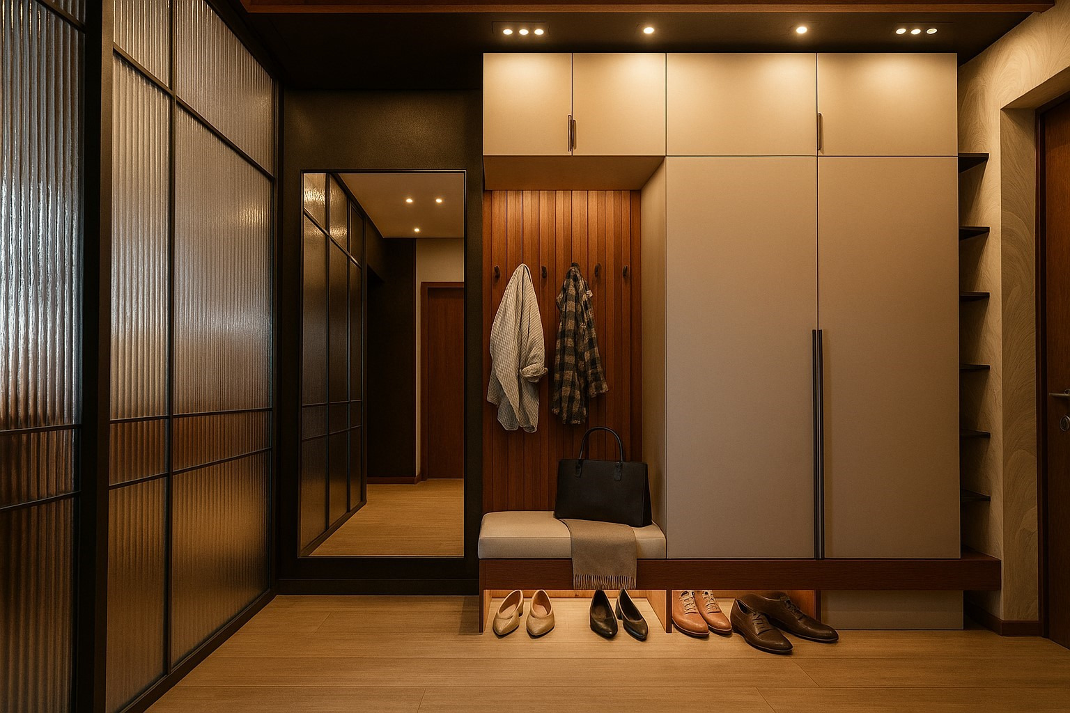 Nowoczesny przedpokój z szafą w zabudowie, drewnianym panelem z wieszakami, lustrem i siedziskiem z miejscem na buty. Minimalistyczny design, ciepłe oświetlenie.