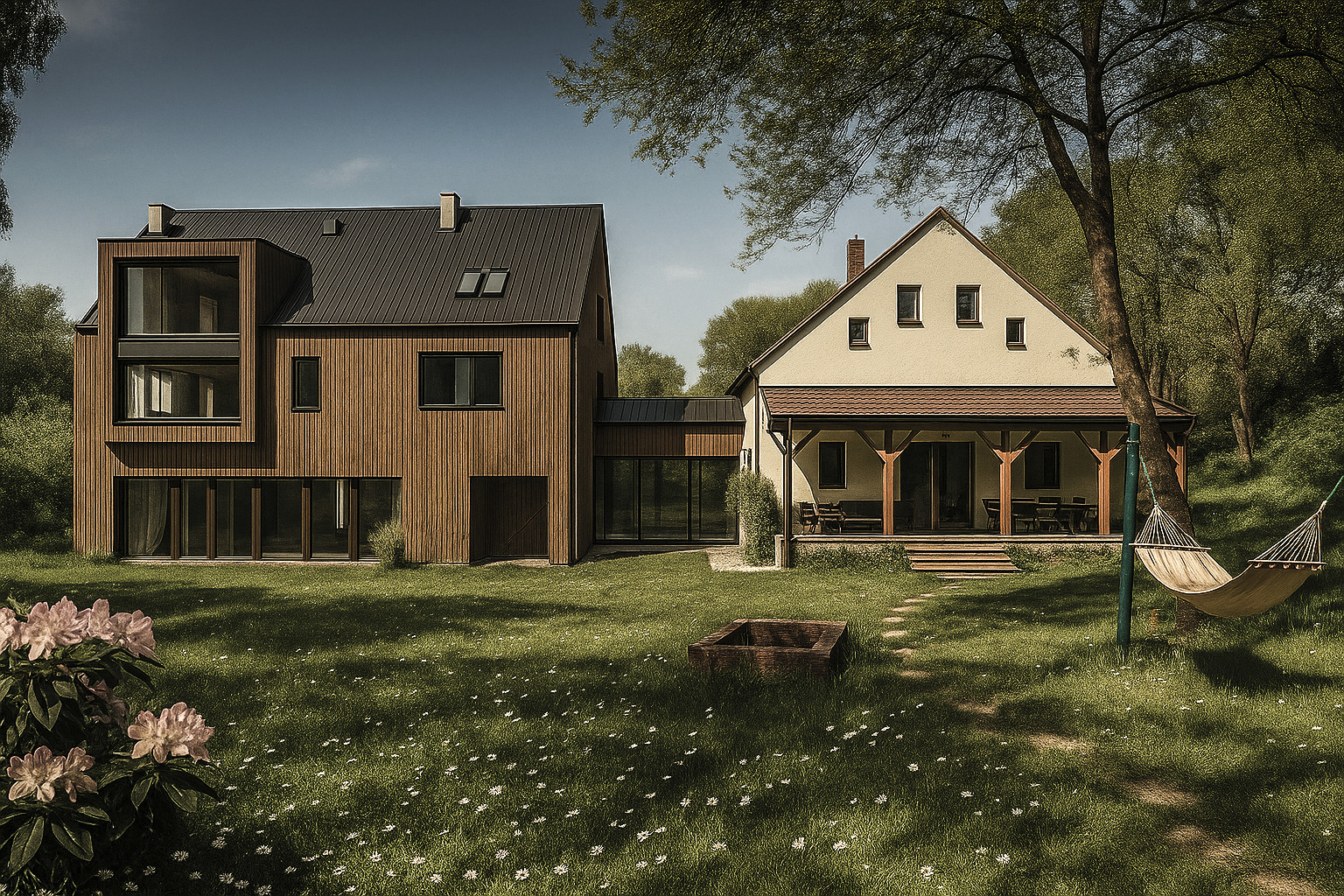 Dwa domy połączone przeszklonym łącznikiem. Jeden nowoczesny z drewnianą elewacją, drugi klasyczny z werandą. Hamak w ogrodzie, kwiaty na pierwszym planie.