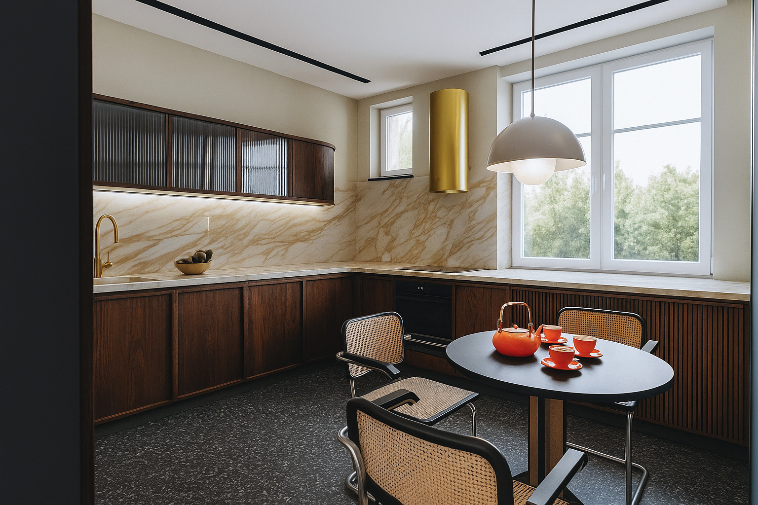 Stylowa kuchnia z drewnianymi szafkami, marmurowym blatem i złotą armaturą. Na stole pomarańczowy serwis do herbaty. Widok na zieleń za oknem.