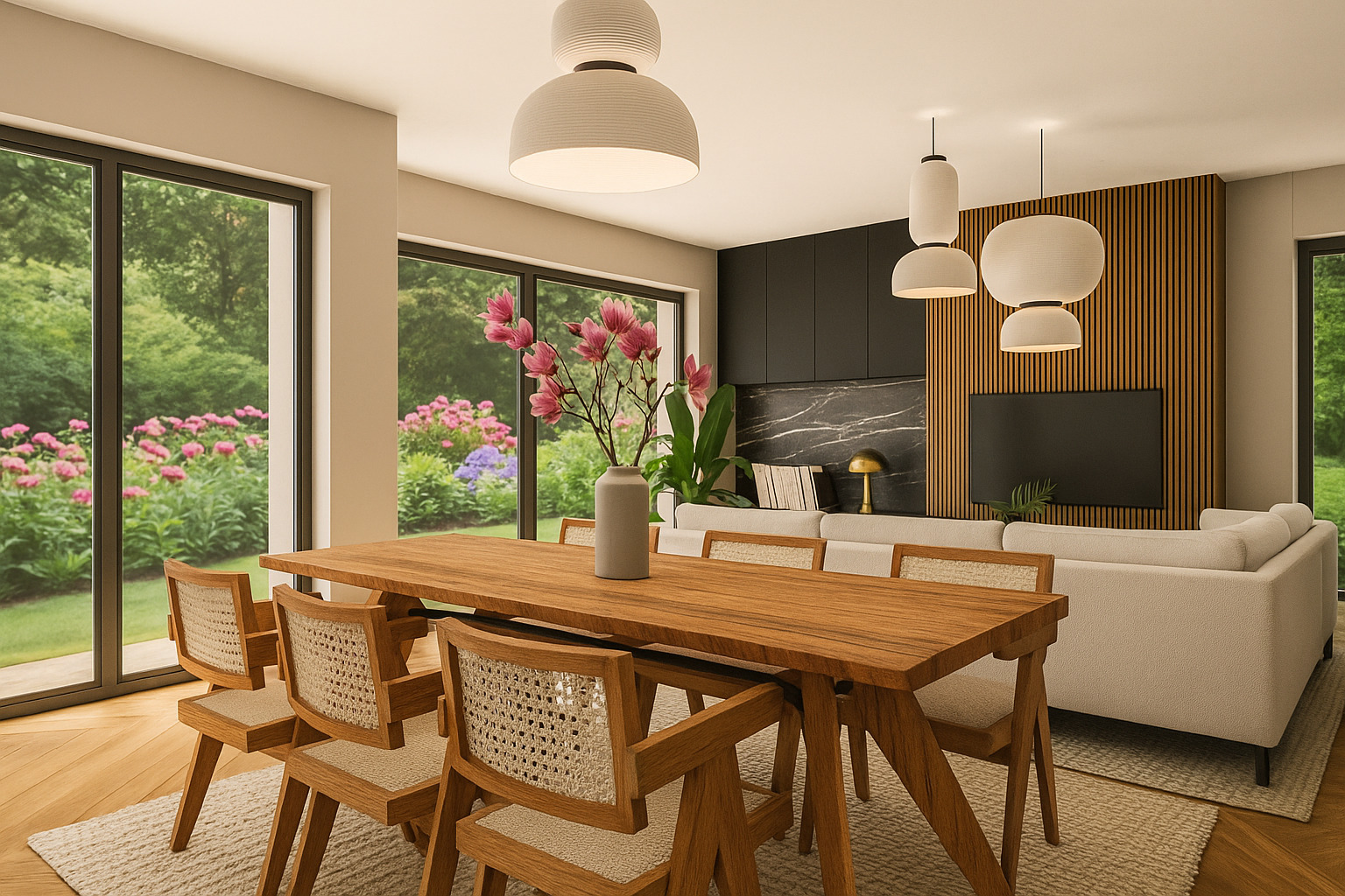 Jasne wnętrze jadalni z drewnianym stołem i krzesłami z rattanowym oparciem. Za stołem widok na ogród przez duże okna. Nowoczesne lampy wiszące.
