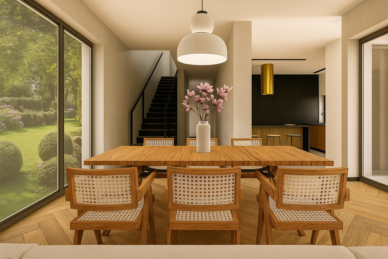 Jasna jadalnia z drewnianym stołem, krzesłami z rattanowym oparciem i widokiem na ogród przez duże okno. Schody w tle. Nowoczesny design.