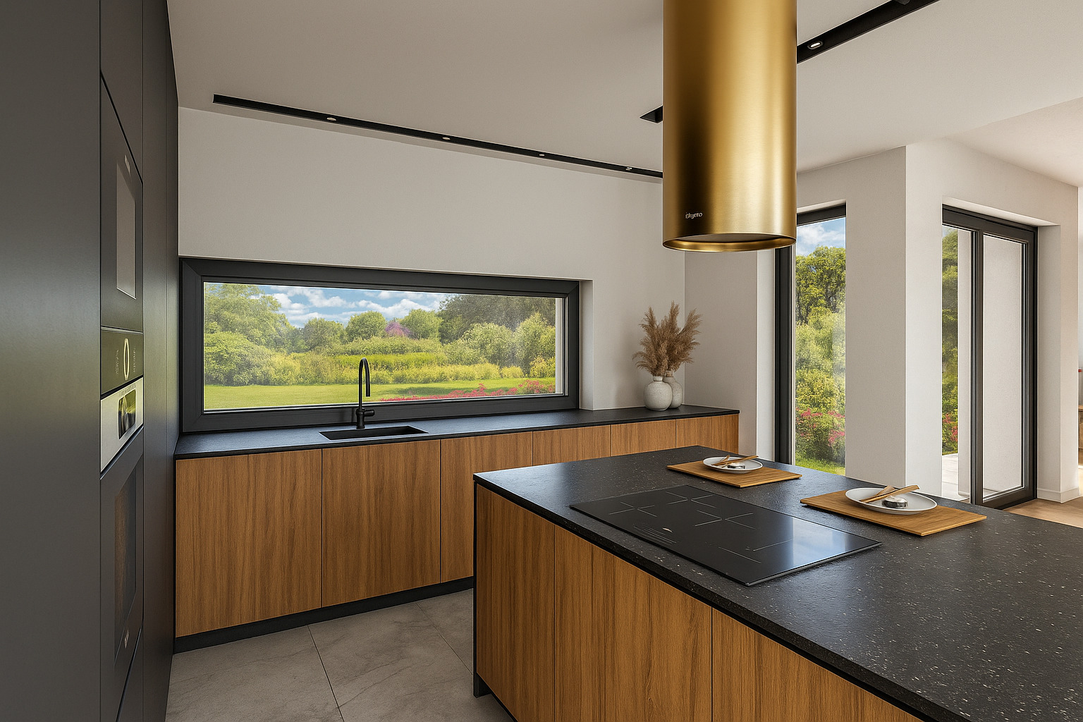Nowoczesna kuchnia z wyspą i widokiem na zieleń. Drewniane fronty szafek, czarny blat i złoty okap cylindryczny. Minimalistyczny design, duże okno z widokiem na ogród.