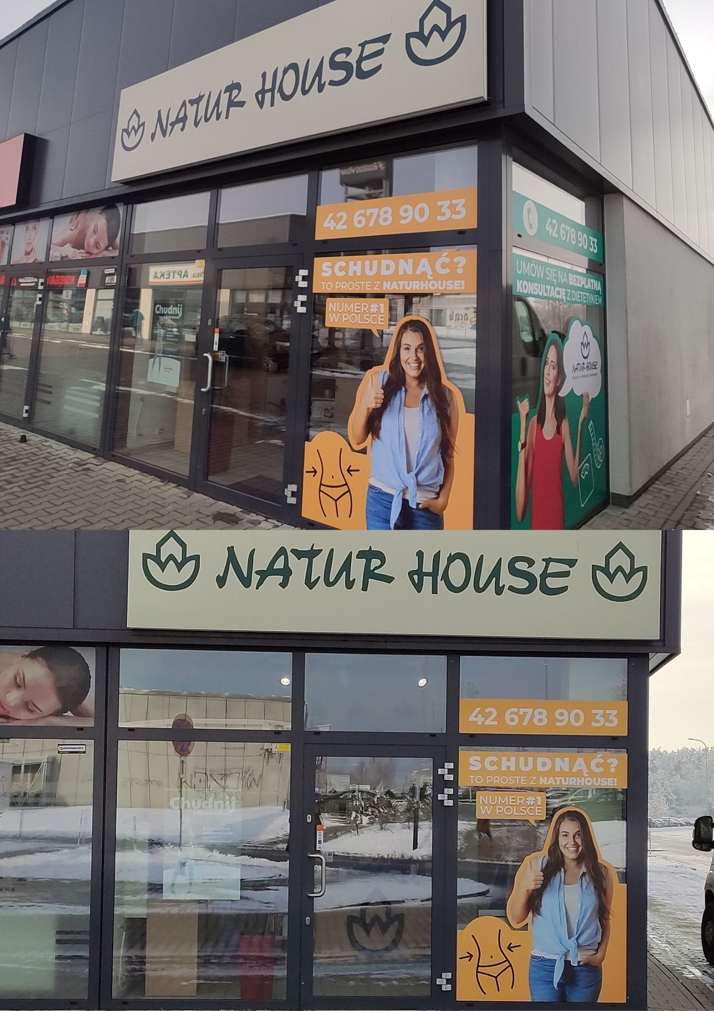 Fasada budynku Natur House z dużym logo, numerem telefonu i reklamami z sylwetką kobiety oraz hasłem 'Schudnąć? To proste z Natur House!', widoczny szyld informujący o bezpłatnej konsultacji...